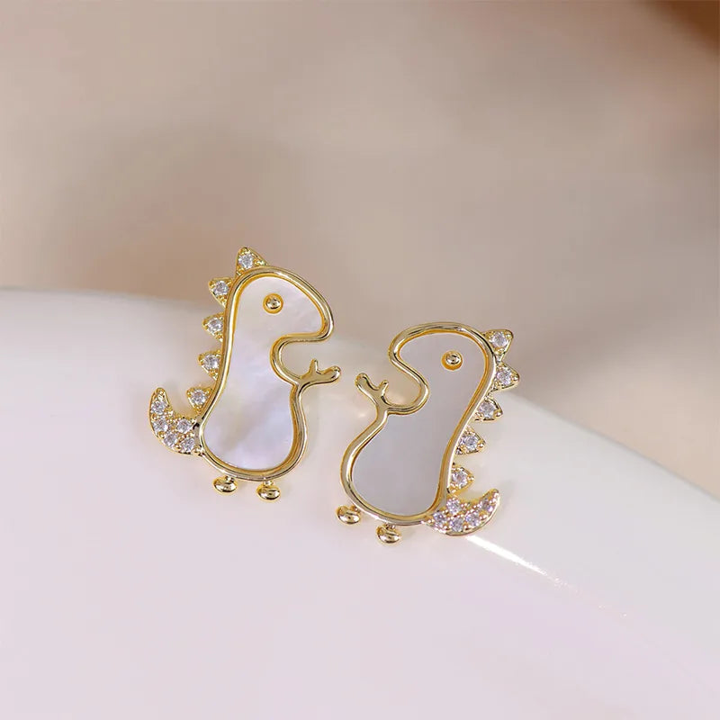 ladies earrings with opal glow -1 Pair Cute Simple Style Dinosaur Plating Inlay Copper Shell Zircon 14k Gold Plated Ear Studs