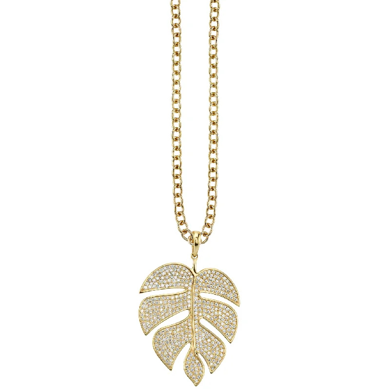 ladies engagement rings for petite hands -Gold & Diamond Extra Large Monstera Leaf Charm