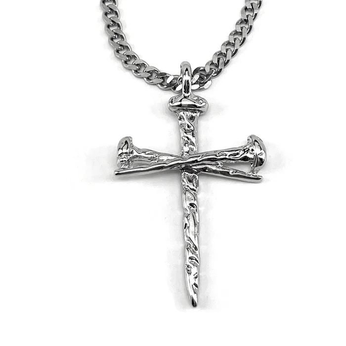 necklaces with initial pendant -Rugged Antique Nail Cross Necklace Rhodium Silver Finish Chain