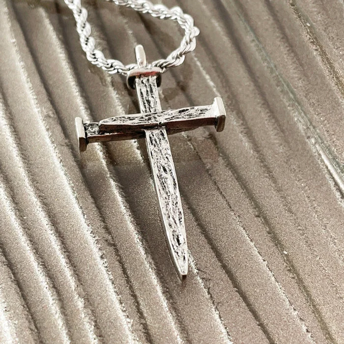 necklaces handmade unique craft -Nail Cross Large Rugged Antique Silver Finish Pendant Twisted Rope Chain Necklace