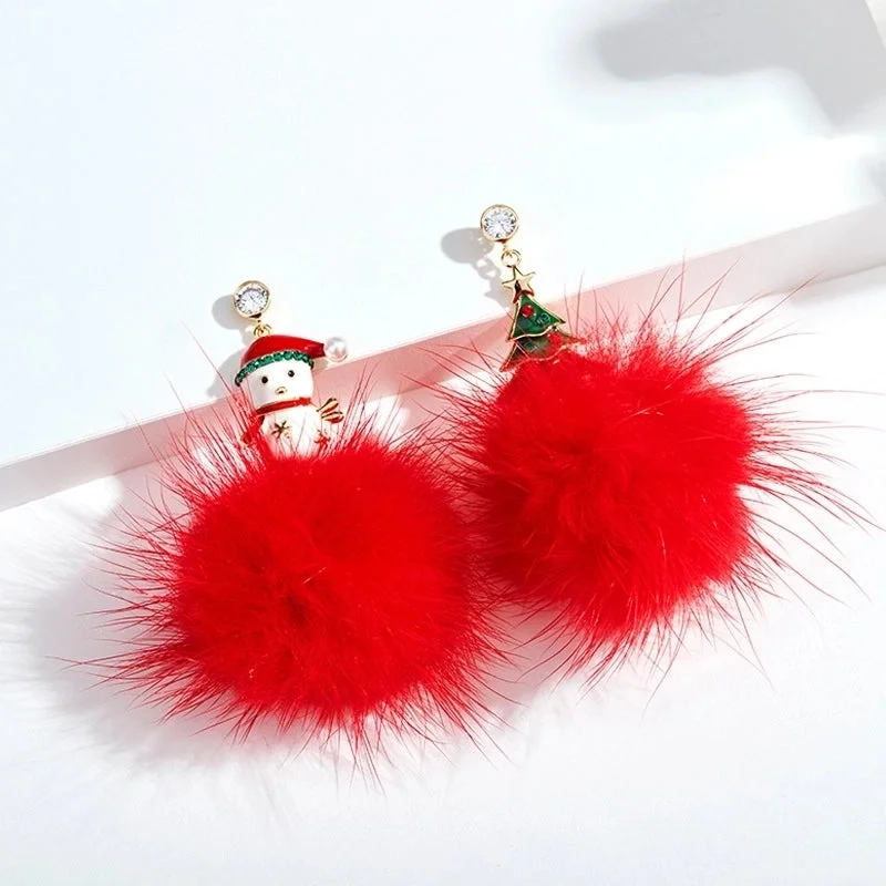 Christmas Snowman Christmas Tree Red Pom-Poms