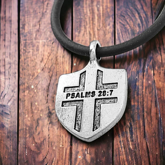 necklaces with black diamond -Psalms 28:7 Shield Antique Silver Pendant Black Cord Necklace