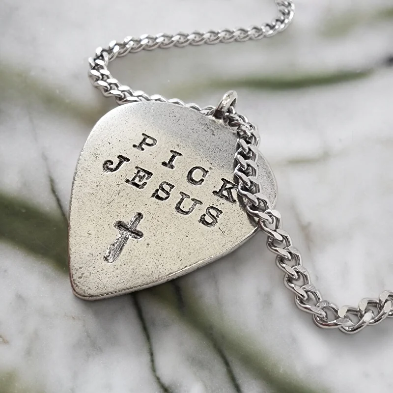 necklaces with sapphire blue -Pick Jesus Cross Antique Silver Finish Guitar Pick Pendant Chain Necklace