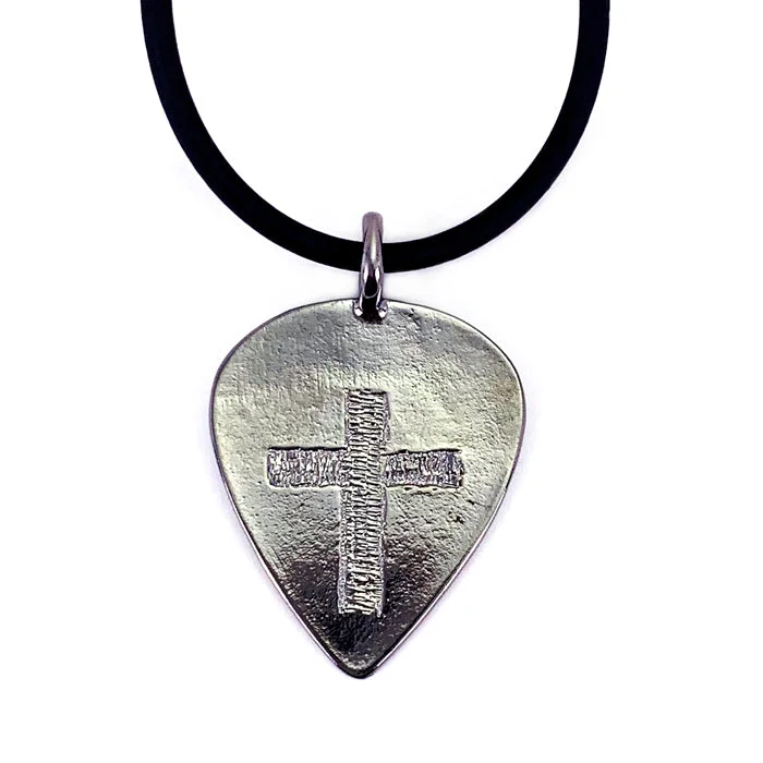 necklaces with green peridot -Cross Gunmetal Guitar Pick Necklace