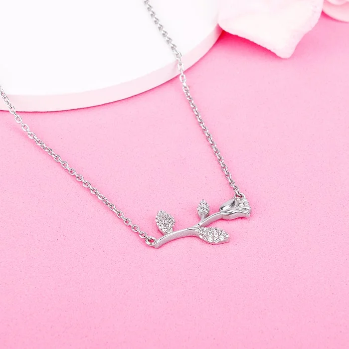 necklaces for gifting ideas -Silver Zircon Studded Rose Necklace