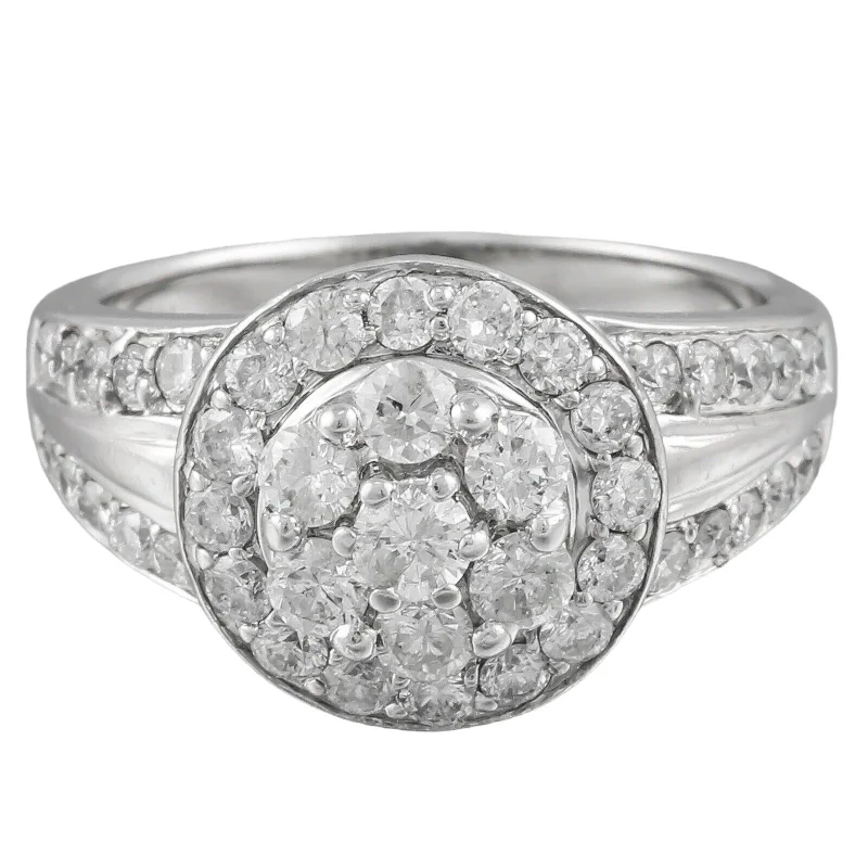 ladies engagement rings asscher cut style -Modern Estate 14k White Gold Diamond Halo Cluster Ring 0.90ctw Size 7