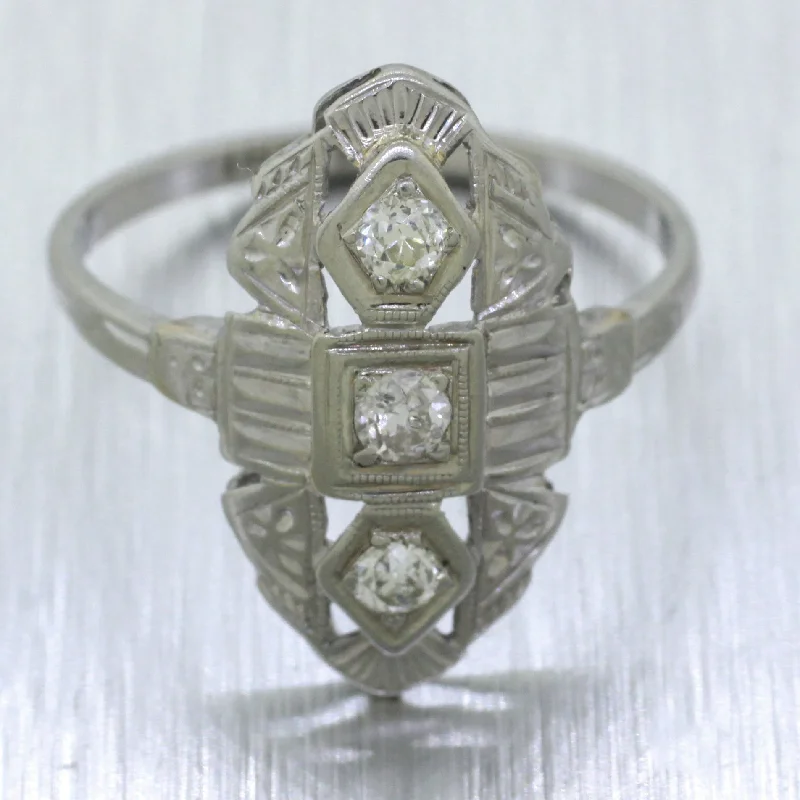 ladies engagement rings with side stones -Antique Art Deco 0.20ctw Diamond Filigree Cocktail Ring - 18k White Gold