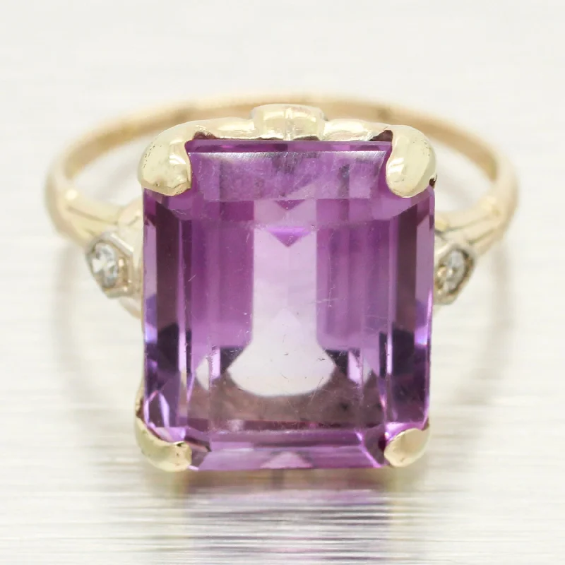 ladies engagement rings lightweight comfort -Vintage Petite 3.5ct Amethyst & 0.04ctw Diamond Cocktail Ring - 14k Yellow Gold