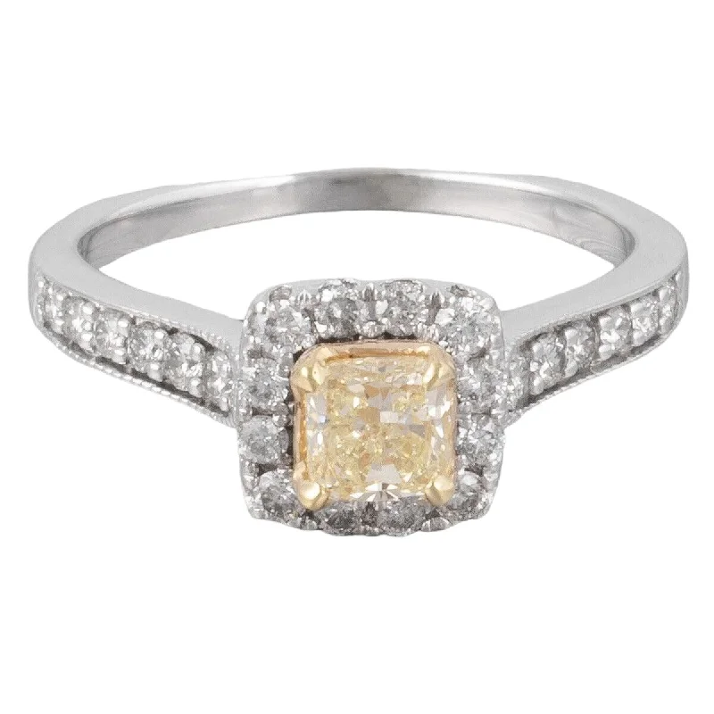 ladies engagement rings conflict free diamond -14k White Gold Princess Cut Fancy Yellow Diamond Halo Ring 0.75ctw sz 6.75