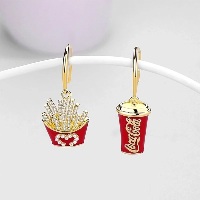 Drop Oil White Diamond/White Pearl French Fries Cola Earrings