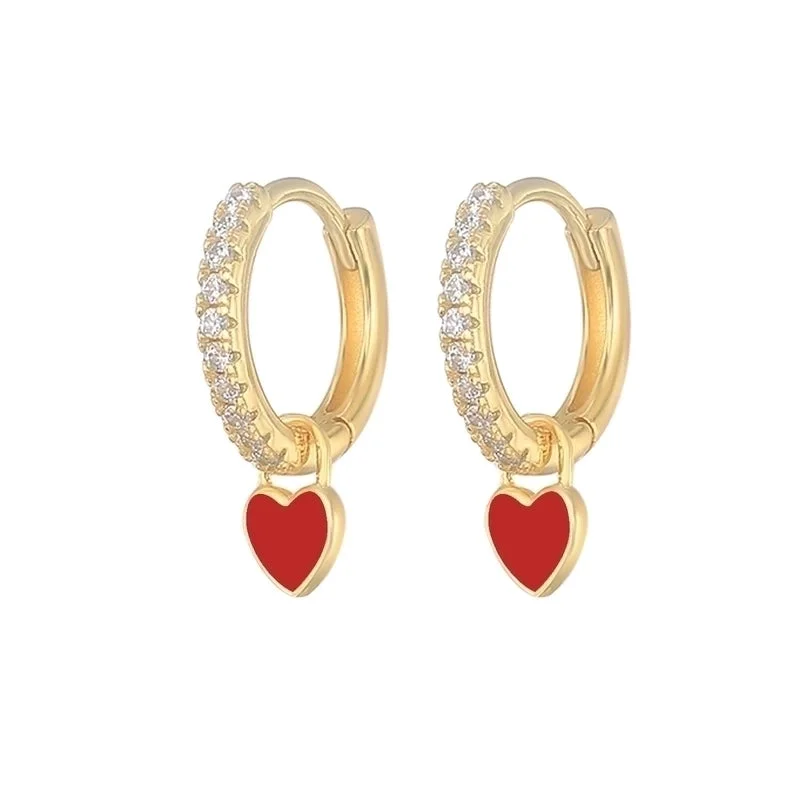 Love Heart Earrings/Yellow Gold/Red