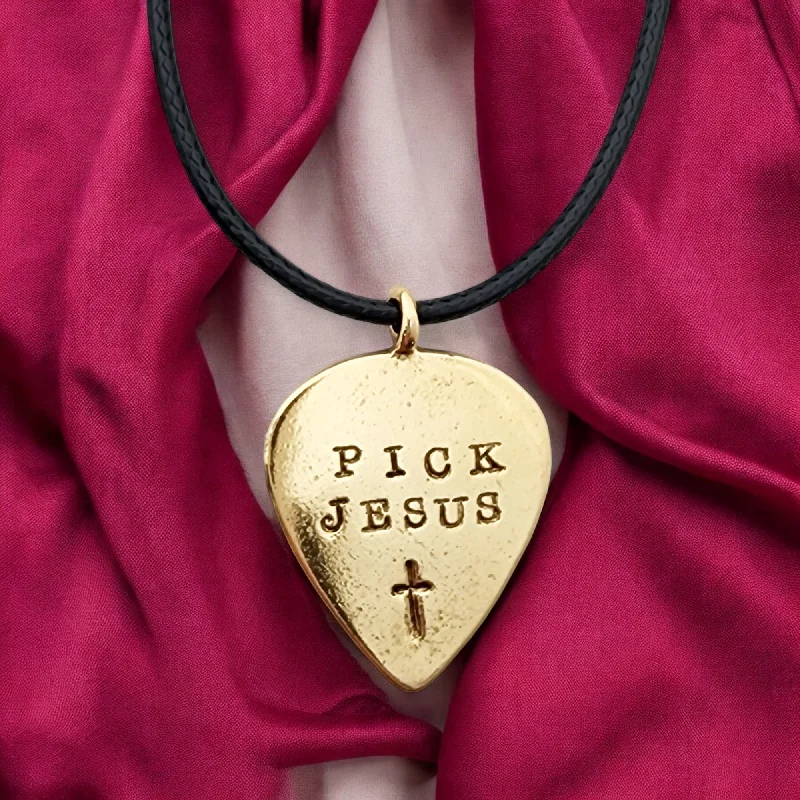 necklaces with amethyst purple -Guitar Pick Jesus Cross Gold Metal Finish Pendant Black Cord Necklace