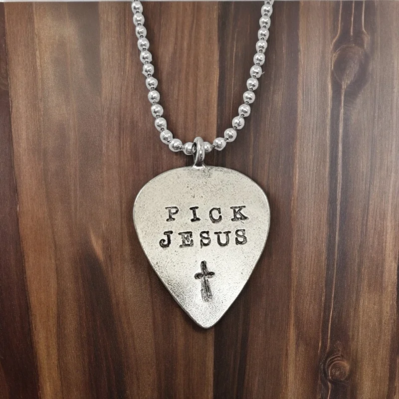 necklaces for women gold elegance -Pick Jesus Cross Guitar Pick Antique Silver Finish Pendant Ball Chain Necklace