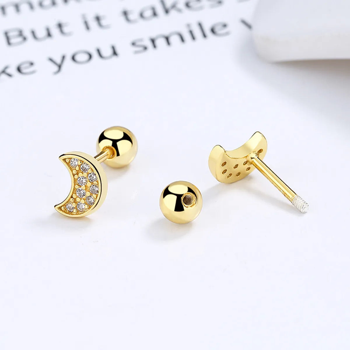 ladies earrings affordable luxury -1 Pair Simple Style Moon Plating Inlay Sterling Silver Artificial Gemstones Ear Studs