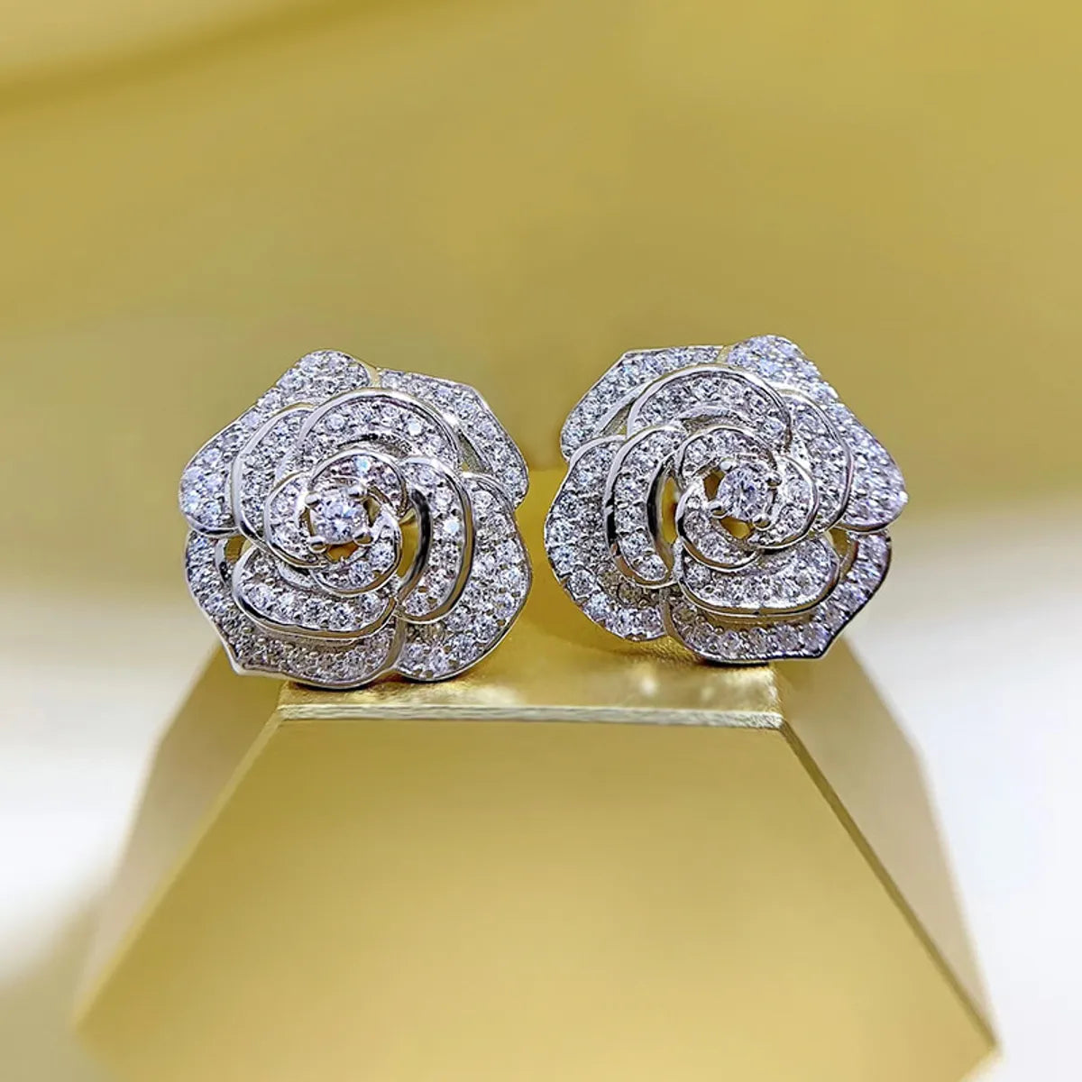 ladies earrings with diamond studs -1 Pair Elegant Lady Flower Sterling Silver Inlay Zircon Ear Studs