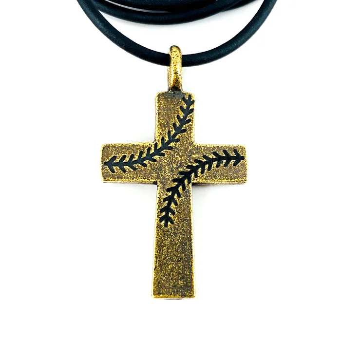 necklaces with aquamarine stone -Baseball Stitch Cross Necklace Brass Finish