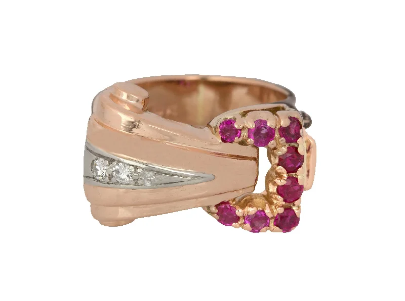 ladies engagement rings floral inspired -Women's Modernist Estate 14K Rose Gold 0.25ctw Ruby Diamond Cocktail Ring