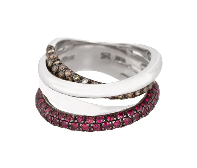 ladies engagement rings stackable design -LeVian 14K White Gold Pink Sapphire Chocolate Diamond Multi-Band Cocktail Ring