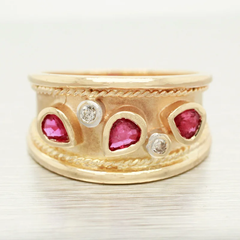 ladies engagement rings with moonstone -Vintage 0.40ctw Pear Cut Ruby & Diamond Band Ring - 14k Yellow Gold w/ Milgrain