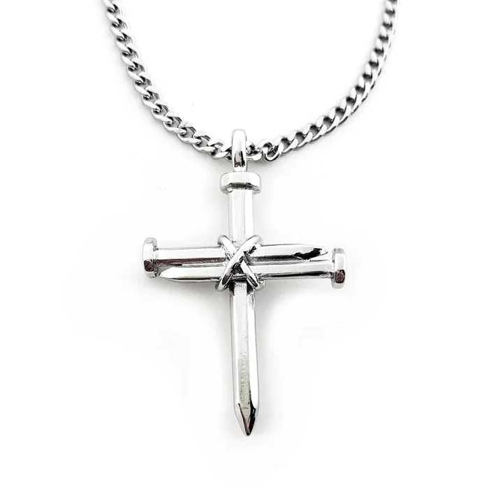 necklaces with sapphire blue -Nail Cross Rhodium Finish Necklace On 24 Inch Curb Chain