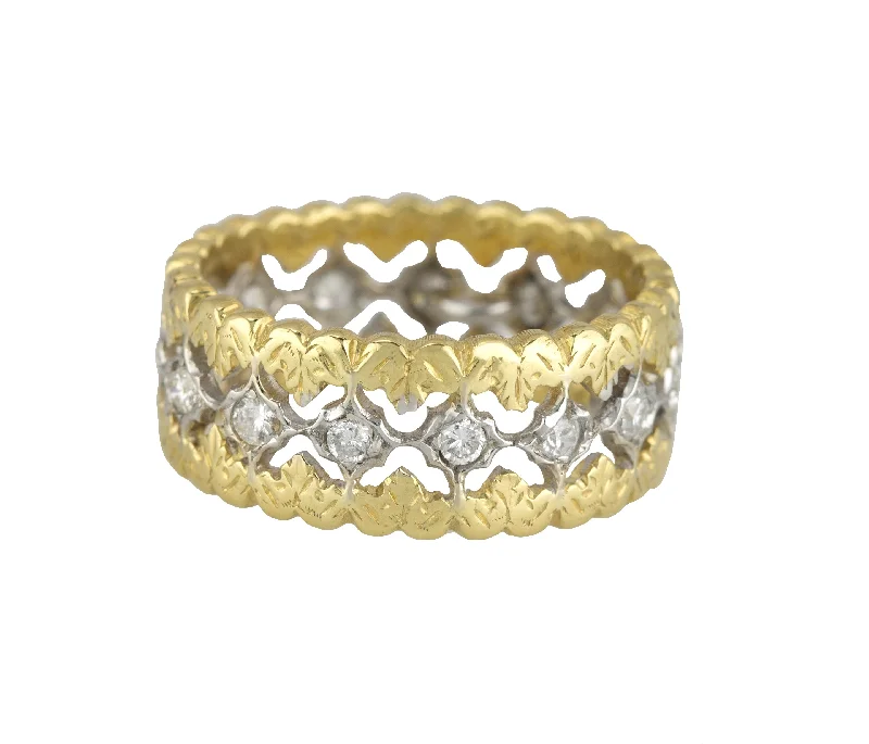 ladies engagement rings romantic proposal -Buccellati 18K 750 Two-Tone Gold 0.60ctw Diamond Leaf Motif Eternity Band Ring