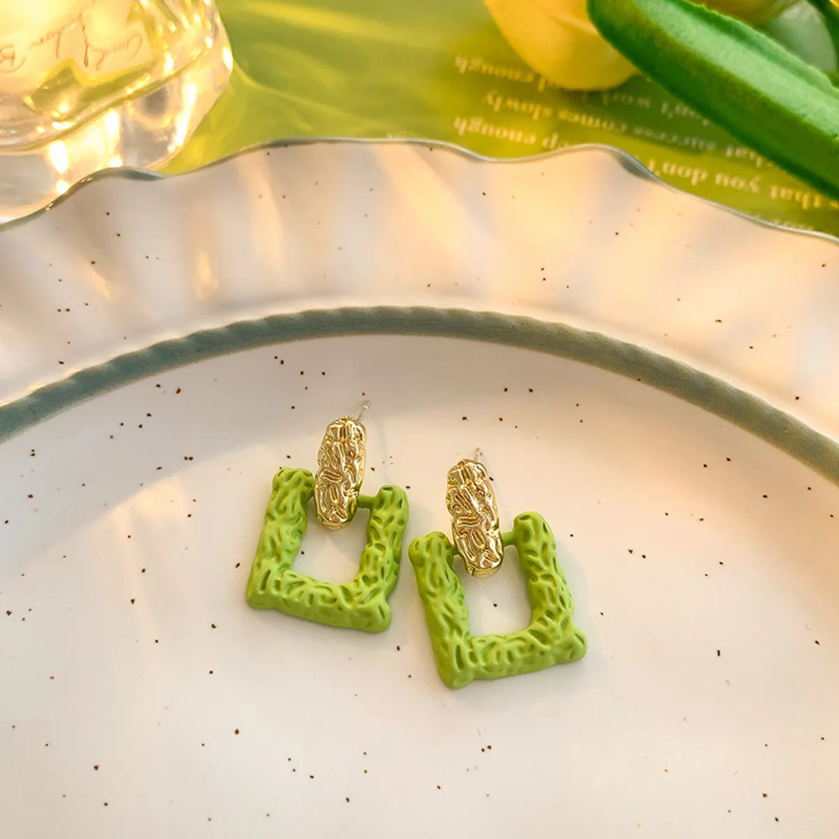 Green Square Stud Earrings