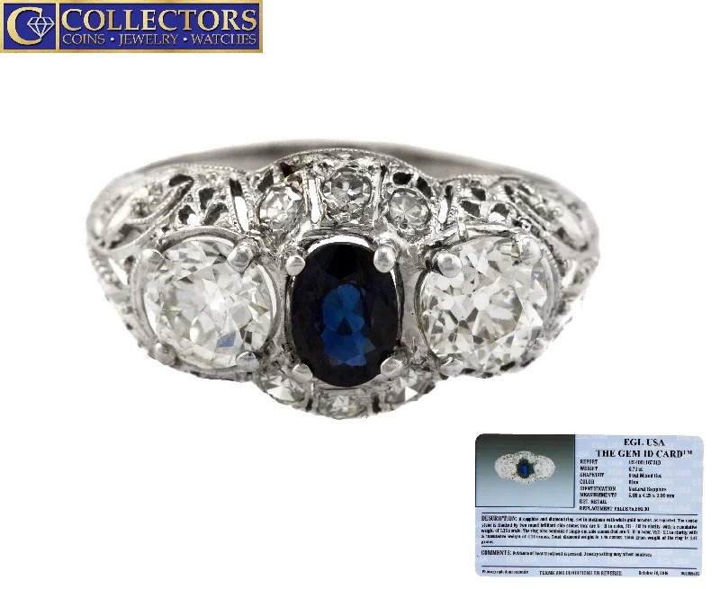 ladies engagement rings with diamond solitaire -Ladies Antique Art Deco Platinum 0.71 CT Blue Sapphire Diamond Filigree Ring EGL