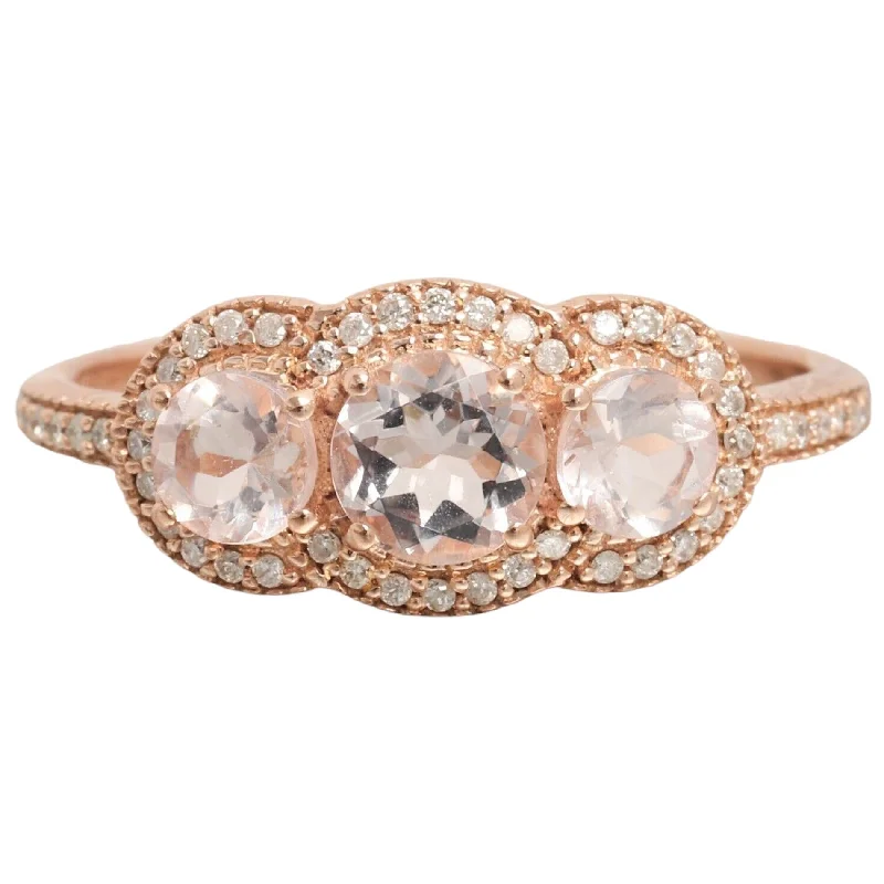 ladies engagement rings cushion cut design -14k Rose Gold Three Stone Kunzite & Diamond Halo Ring Size 6.75