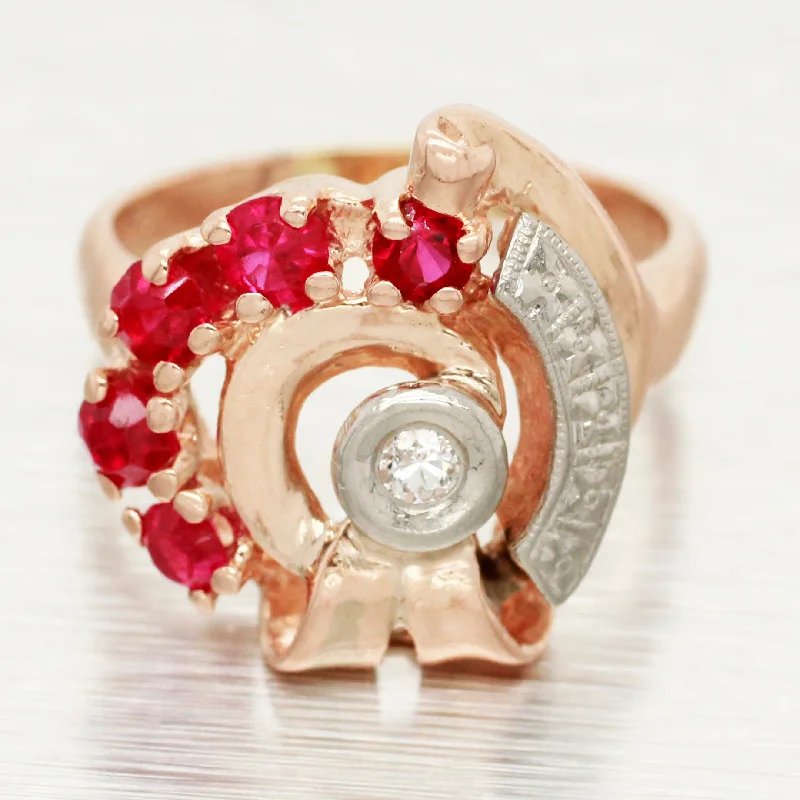 ladies engagement rings for daily wear -Antique Art Deco 0.50ctw Ruby & Diamond Spiral Cocktail Ring - 14k Rose Gold