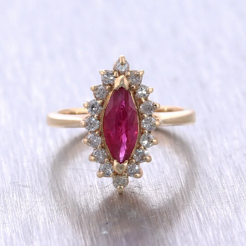 ladies engagement rings with pearl detail -Vintage Estate 14k Yellow Gold 1.25ctw Pink Sapphire & Diamond Navette Ring