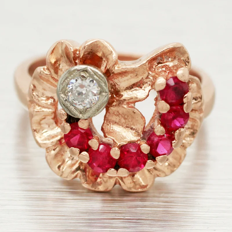 ladies engagement rings heirloom quality -Antique Art Deco 0.50ctw Ruby & Diamond Floral Cocktail Ring - 14k Rose Gold