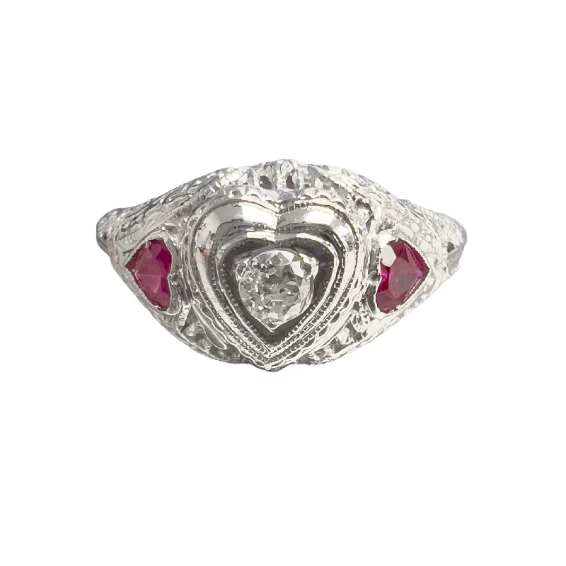 ladies engagement rings with sapphire accent -18k White Gold 0.12ct Old Mine Diamond Heart Shape Ruby Ring G VS2 size 5.75