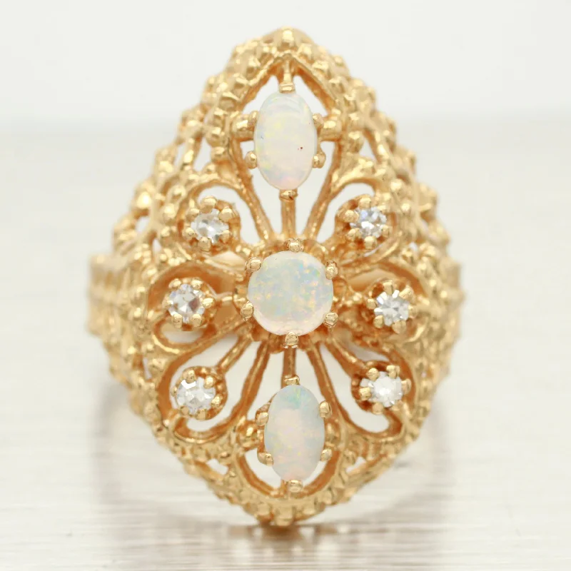 ladies engagement rings with opal glow -Vintage Opal & Diamond Cocktail Ring - 14k Yellow Gold Teardrop Filigree Setting