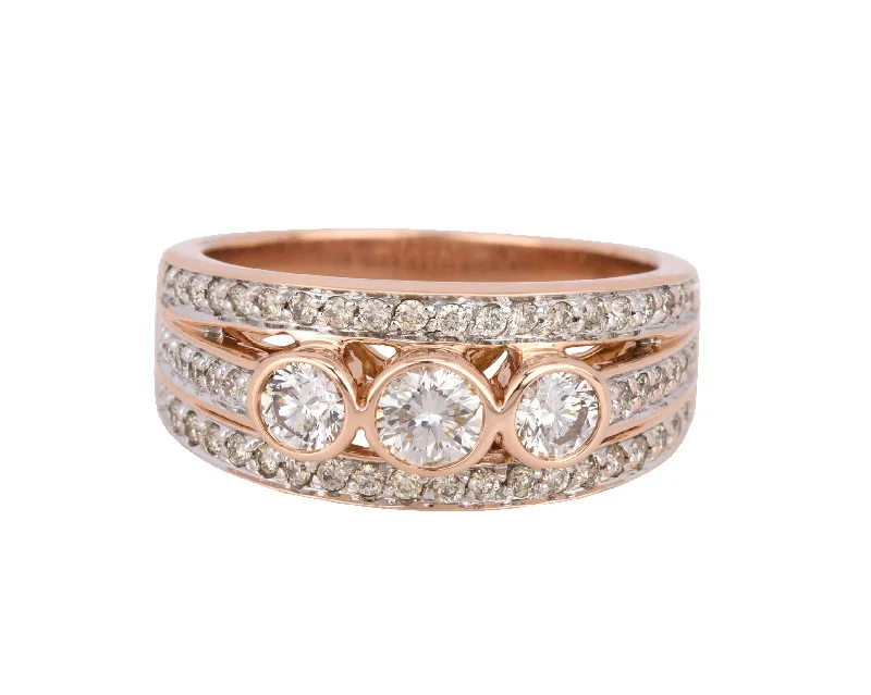 ladies engagement rings with twisted band -Women's Modern 14K Rose Gold 1.07ctw Bezel Set Diamond 3-Row Cocktail Band Ring