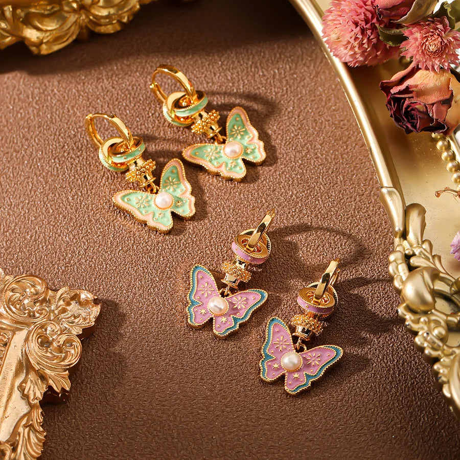 ladies earrings for evening glamour -1 Pair Sweet Classic Style Commute Butterfly Enamel Inlay Copper Artificial Pearls 18K Gold Plated Drop Earrings