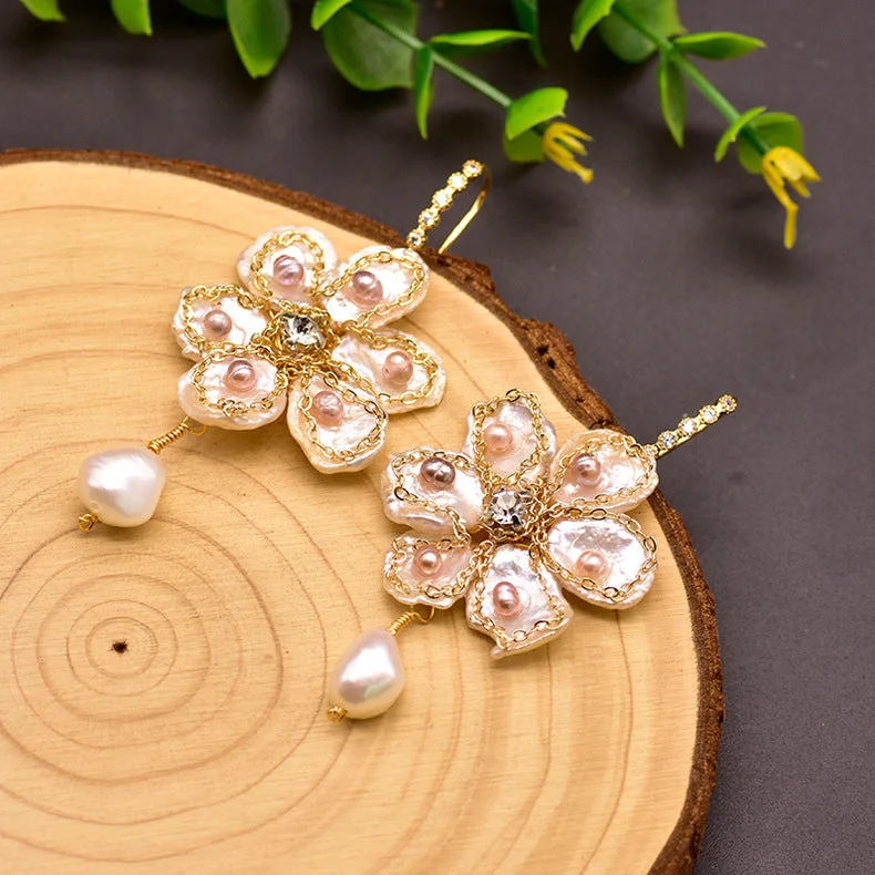 ladies earrings with citrine yellow -1 Pair Fashion Flower Turquoise Pearl 14K Gold Plated Earrings