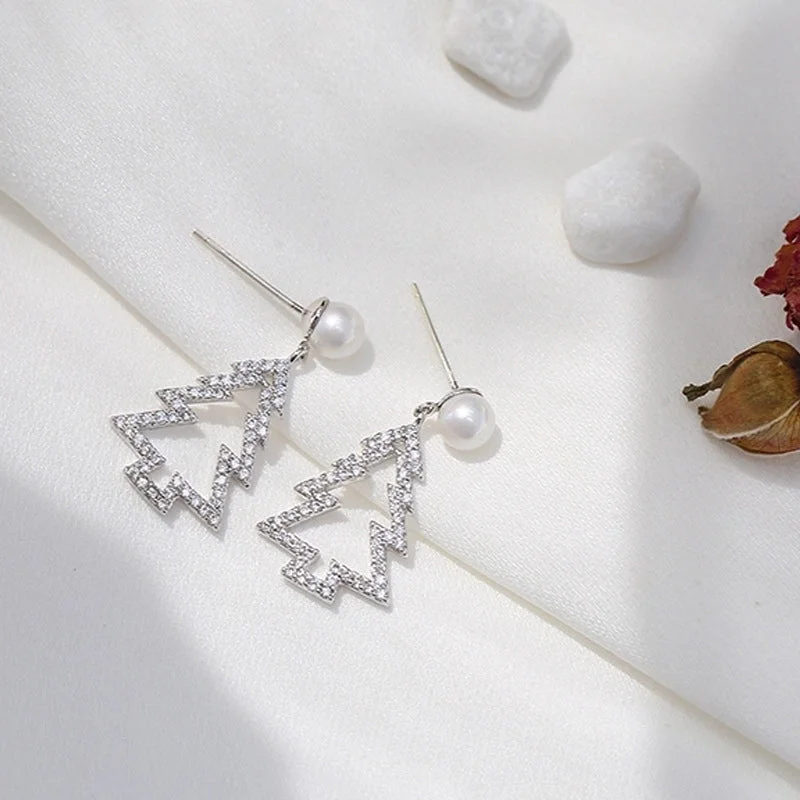 Pearl Stud Earrings White Diamond Christmas Tree Stud Earrings