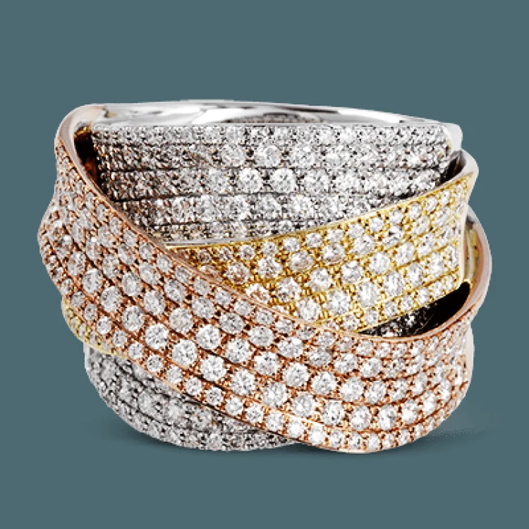 ladies rings for birthday surprise -This statement ring is formed from 18k gold in three different tones- yellow, white and rose. The overlapping design is pave set with an astounding 2.94 ctw of sparkling white round brilliant diamonds.