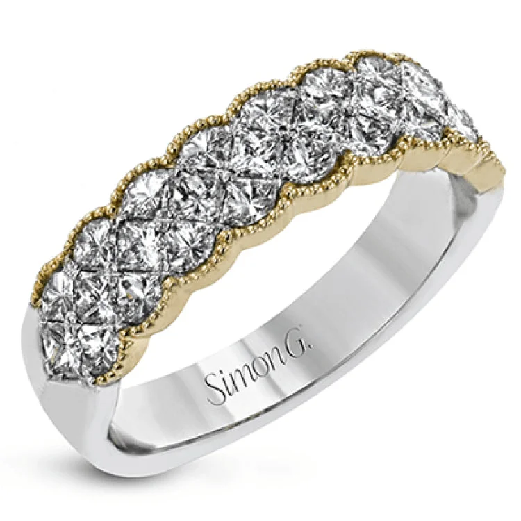 ladies rings vintage chic look -This exquisite band is perfect as an anniversary band or as a right hand ring, featuring 1.09 ctw of princess cut diamonds with touches of yellow gold along the outside.