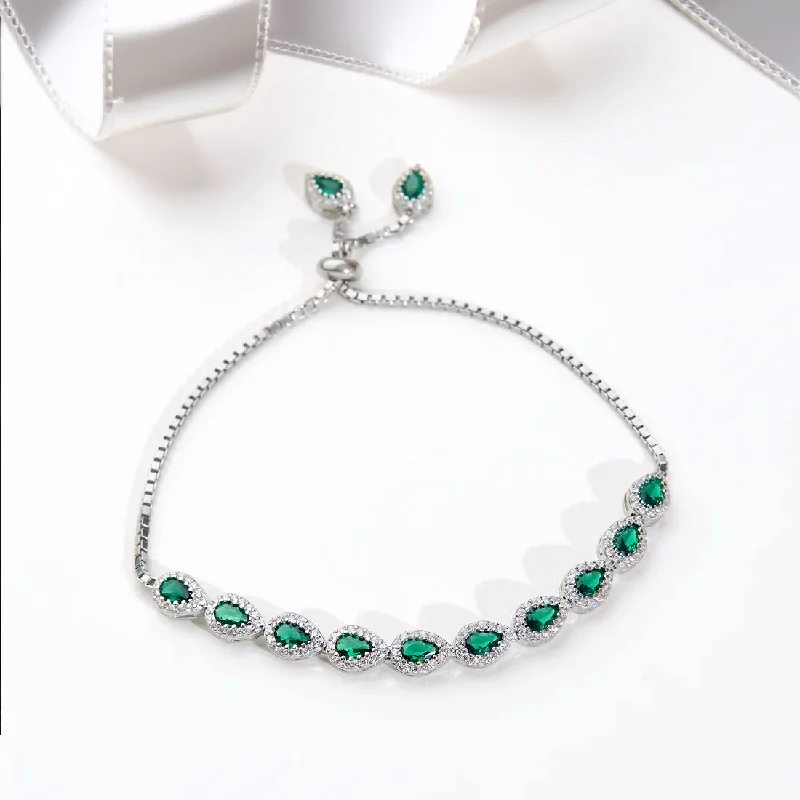 bracelets with birthstone accent -Green Zircon Cluster Teardrop Bracelet Slider Adjustable