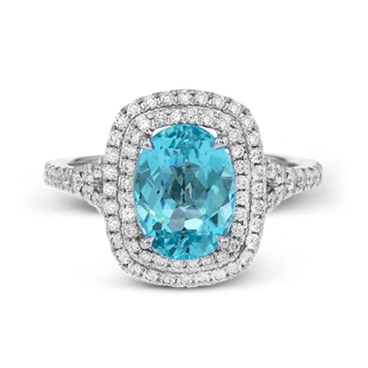 ladies rings for stylish women -This lovely vintage-inspired 18k white gold double halo ring has a 2.48 ct paraiba tourmaline center stone and is set with .55 ctw of white diamonds.