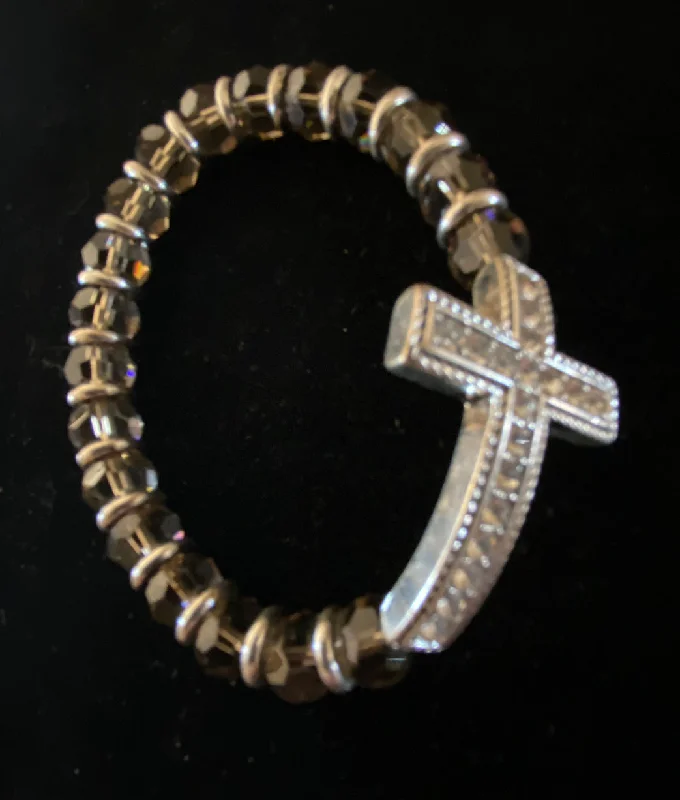 bracelets for wedding gift -Clear Stone Cross Bracelet with Taupe Beads.