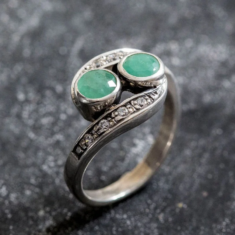 ladies rings with engraving detail -Emerald Vintage Ring - Two Stone Ring - Bypass Emerald Ring