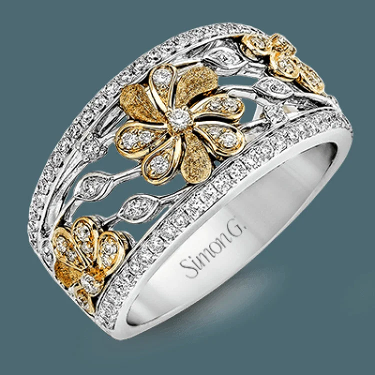 ladies rings with zircon shine -Showcasing a vintage garden floral design with a contemporary flair, this band-style ring is set with .53 ctw of sparkling round-cut white diamonds. Two rows of shimmering diamonds finish this ring.