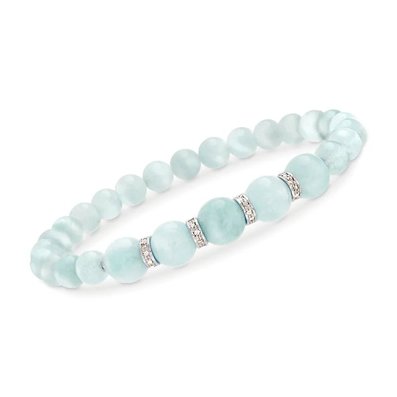 bracelets with heart pendant -Ross-Simons 6-8mm Graduated Aquamarine Bead and . Diamond Spacer Bracelet in Sterling Silver