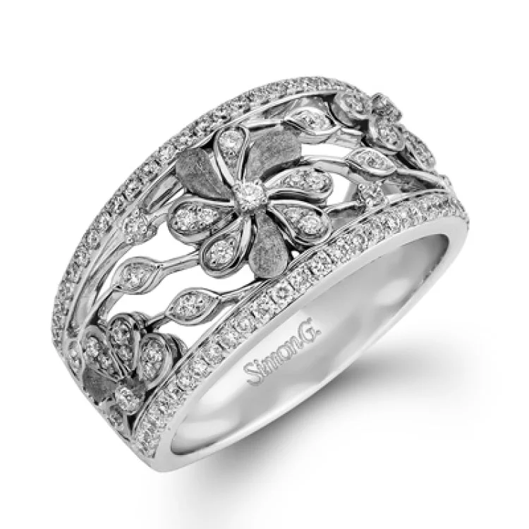 ladies rings with engraving detail -Showcasing a vintage garden floral design with a contemporary flair, this band-style ring is set with .53 ctw of sparkling round-cut white diamonds. Two rows of shimmering diamonds finish this ring.