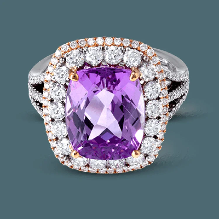 ladies rings for proposal gift -This incredible 18k white and rose gold ring makes a statement with 1.26 ctw of white diamonds encircling a wonderful 6.68 ct kunzite center stone.