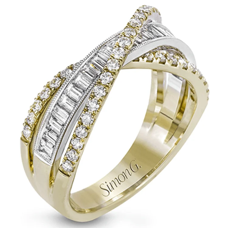 ladies rings silver minimalist style -This modern 18k two-tone gold ring stands out from the crown with an overlapping design set with .42 ctw of round diamonds and .65 ctw of baguette diamonds.