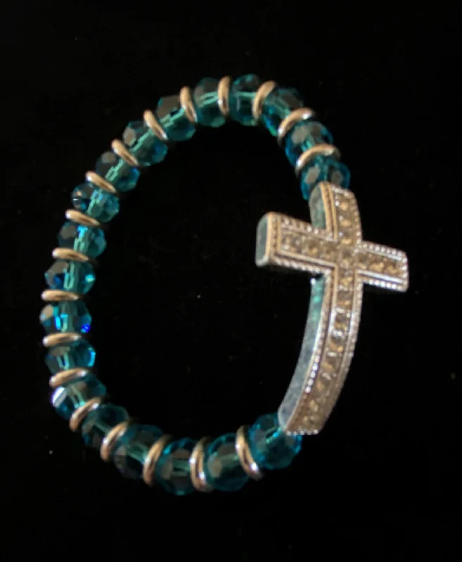 bracelets with gemstone beads -Clear Stone Cross Bracelet with Turquoise Beads.