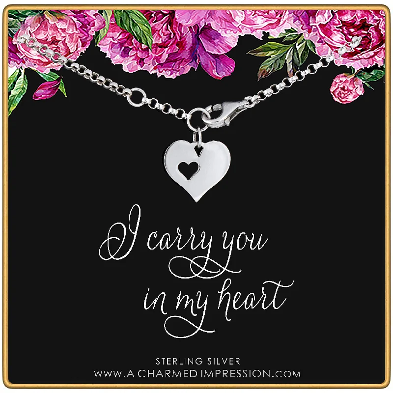 bracelets with silver charm -I Carry Your Heart with Me • Silver Bracelet for Women • Missing You Gift • Adoption Surrogate Mom Jewelry • Remembrance Memorial Bracelet • Sorry for Your Loss • Grief Loss Gift